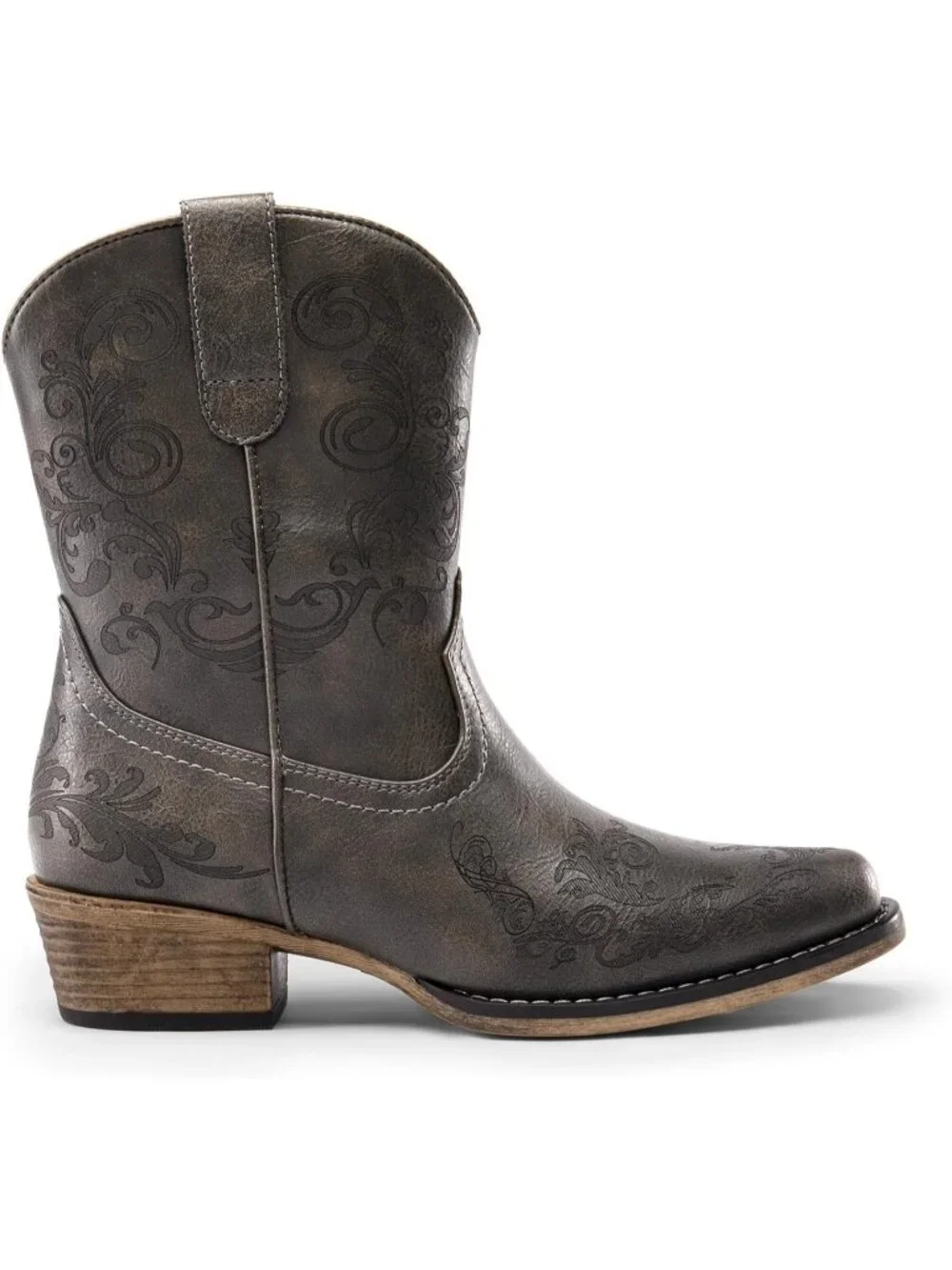 Women's Grey Faux Leather Square Toe Fashion Dress Low Chunky Heel Cowgirl Boots
